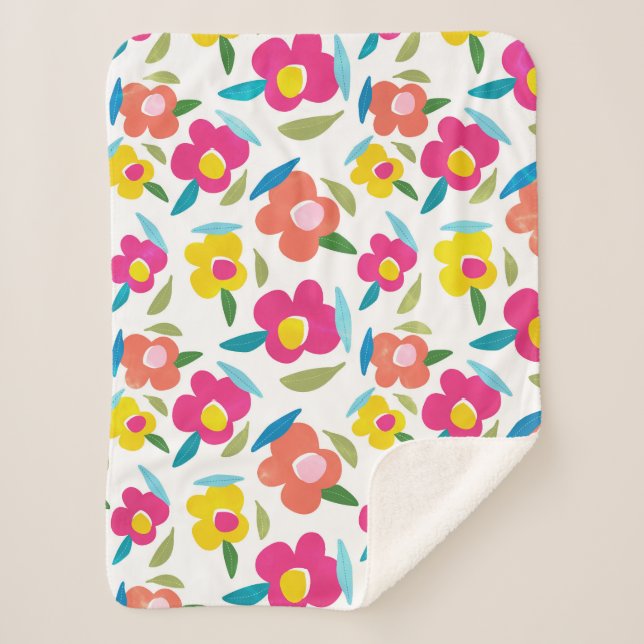 Cobertor Sherpa Florais brilhantes em branco (Frente)