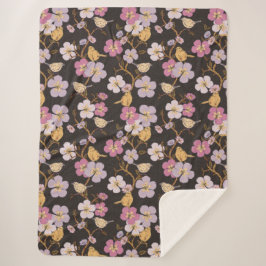 Cobertor Sherpa Florais e Aves de Trilha Branca - Cinzas/Pretas