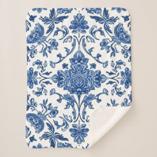 Cobertor Sherpa Floral Azul Chinoiserie Aquarela Branca