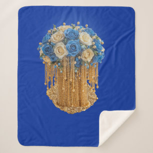 Cobertor Sherpa Floral Azul Real e Dourado