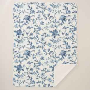 Cobertor Sherpa Floral Branco Azul Bonito  