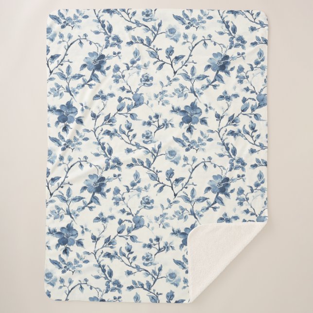 Cobertor Sherpa Floral Branco Azul Bonito   (Frente)