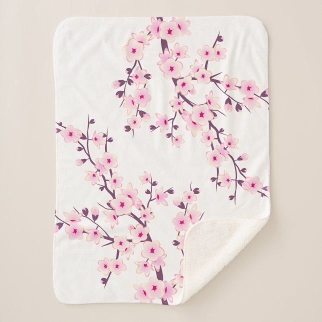 Cobertor Sherpa Floral Cereja Brilhante Cor-de-rosa Branco (Frente)