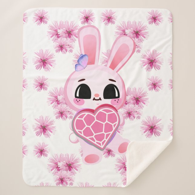 Cobertor Sherpa Floral cute pink rabbit easter (Frente)
