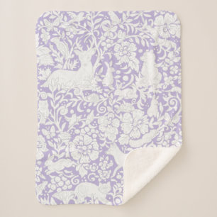 Cobertor Sherpa Floral de Animais da Floresta Branca Roxo-Lilás F