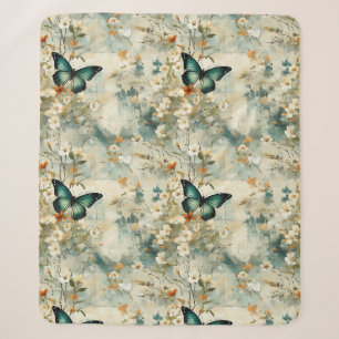 Cobertor Sherpa Floral de Borboleta Teal Pintura em Terracota de S