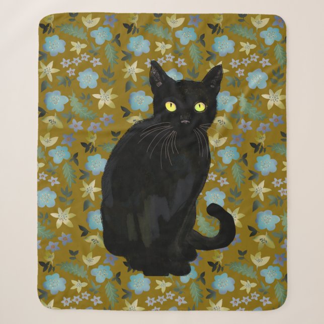 Cobertor Sherpa floral de gato preto (Frente)