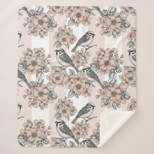 Cobertor Sherpa Floral de Pássaro Vintage em Listra Toile (1)