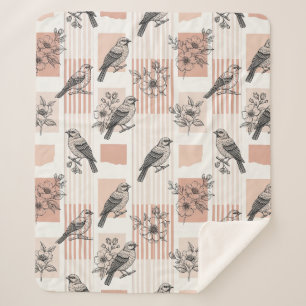 Cobertor Sherpa Floral de Pássaro Vintage em Listra Toile (11)