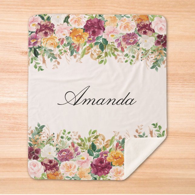 Cobertor Sherpa Floral de Rosa de Jardim de Monograma Elegante (Close up)