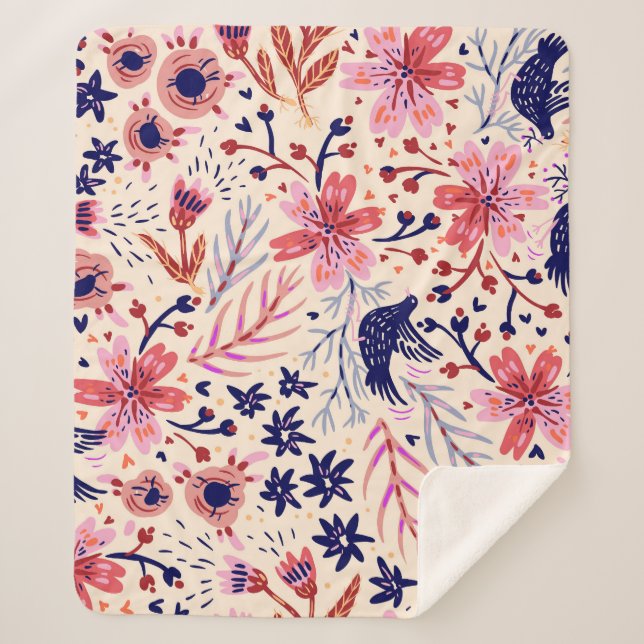 Cobertor Sherpa Floral, pássaros, padrão contínuo de colheita. (Frente)