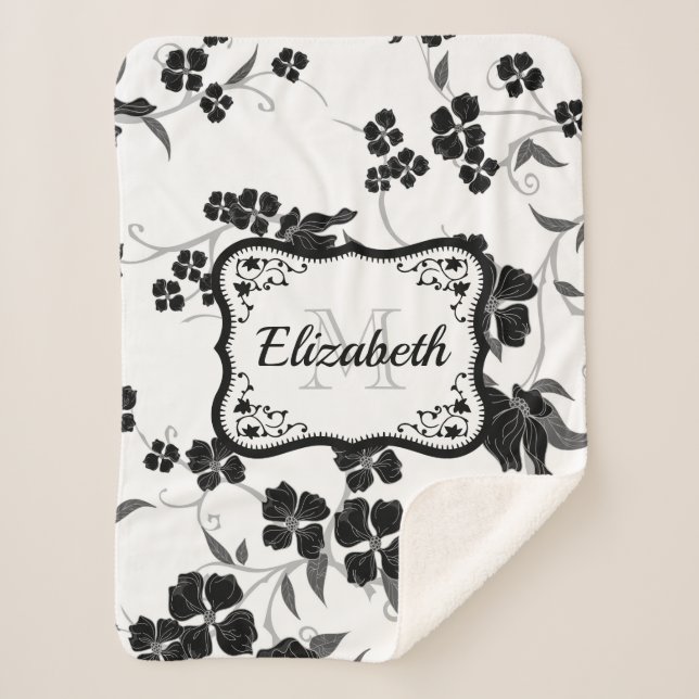 Cobertor Sherpa Floral Preto e Branco (Frente)