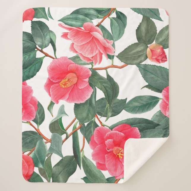 Cobertor Sherpa Floral seamless pattern, red camellia flowers with (Frente)