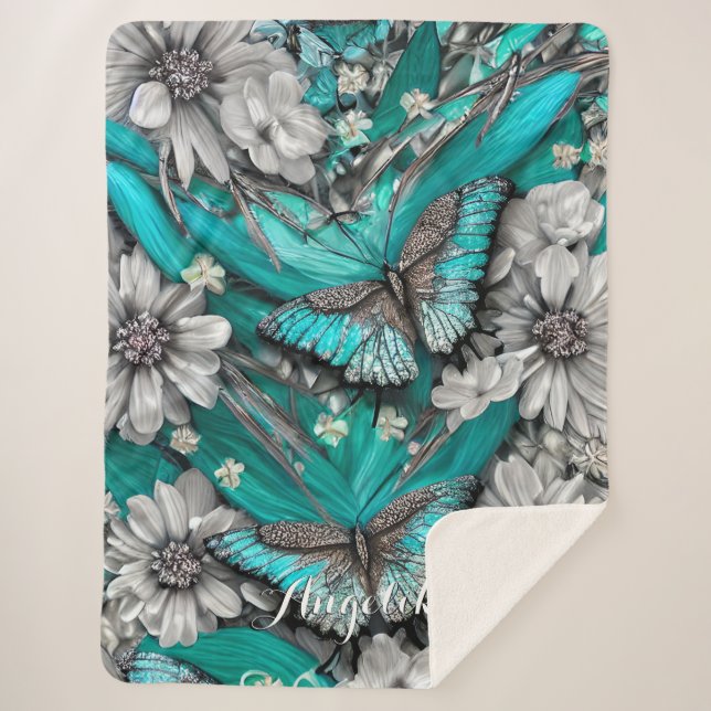 Cobertor Sherpa Floral Teal Silver Butterflies Nome Personalizado (Frente)