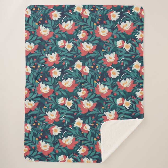 Cobertor Sherpa Floral Vermelho e Branco (Frente)