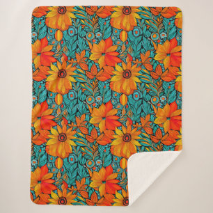 Cobertor Sherpa Flores Boho Azuis e Laranja