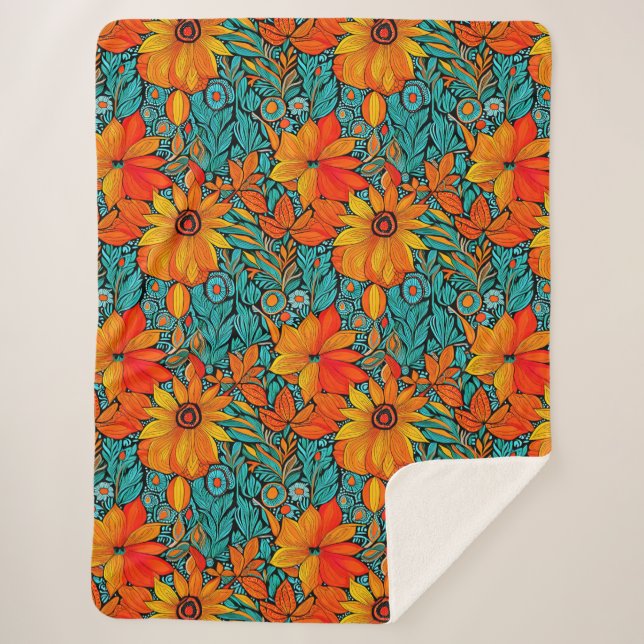Cobertor Sherpa Flores Boho Azuis e Laranja (Frente)