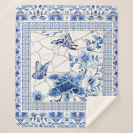 Cobertor Sherpa Flores Borboleta Azul e Chinoiserie Chic