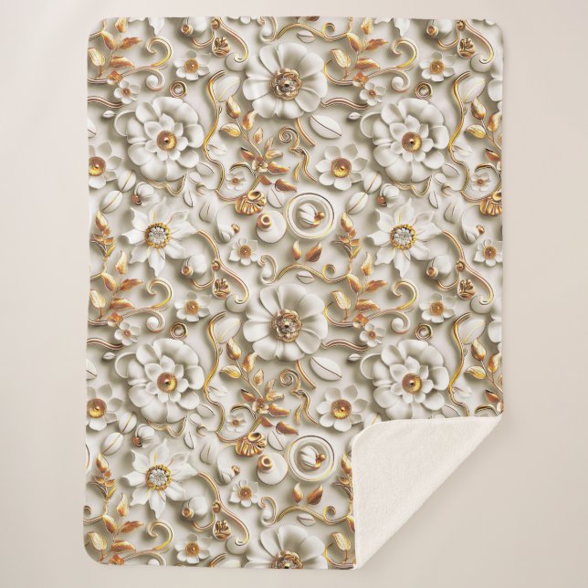 Cobertor Sherpa Flores brancas Elegante Ornamentado com Folhas Our (Frente)