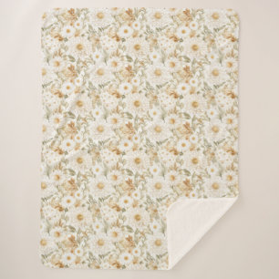 Cobertor Sherpa Flores Country Branco Dourado Creme
