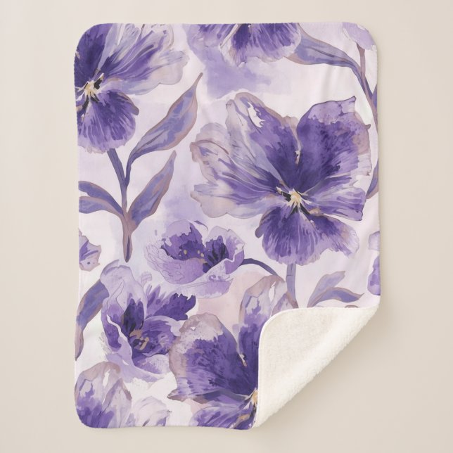 Cobertor Sherpa Flores de Aguarela Roxas em Flor (Frente)