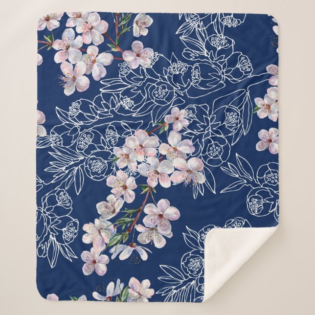 Cobertor Sherpa Flores de aquarela cereja com gráfico de ramificaç (Frente)