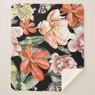Cobertor Sherpa Flores de Aquarela: Peony Rosa Lily