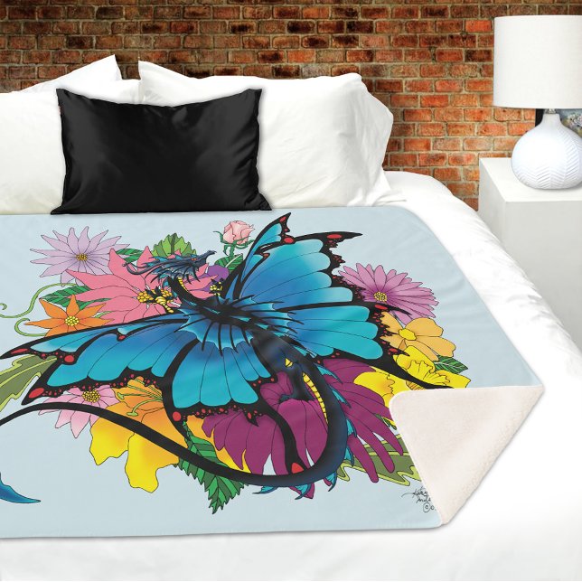 Cobertor Sherpa Flores De Borboletas Azuis De Dragão (Criador carregado)