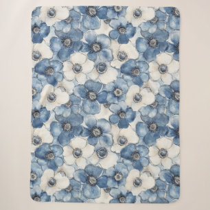 Cobertor Sherpa Flores de Jeans Branco Azul Aniversário