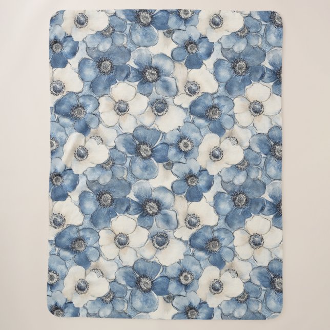 Cobertor Sherpa Flores de Jeans Branco Azul Aniversário (Frente)