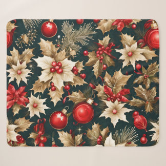 Cobertor Sherpa flores de Natal douradas, bolhas vermelhas e bagas
