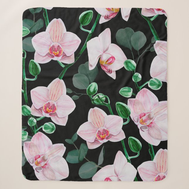 Cobertor Sherpa Flores de orquídeas aquáticas e eucalipto folhas p (Frente)