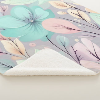 Cobertor Sherpa Flores de Pastel e Folhas em Fundo Roxo