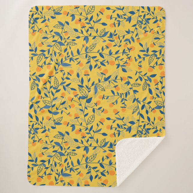 Cobertor Sherpa Flores de rabo em azul e amarelo (Frente)