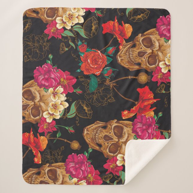 Cobertor Sherpa Flores Do Crânio: Fundo Escuro Sem Olhos. (Frente)