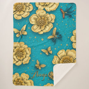 Cobertor Sherpa Flores Douradas Fundo Azul Claro Nome Personalizad