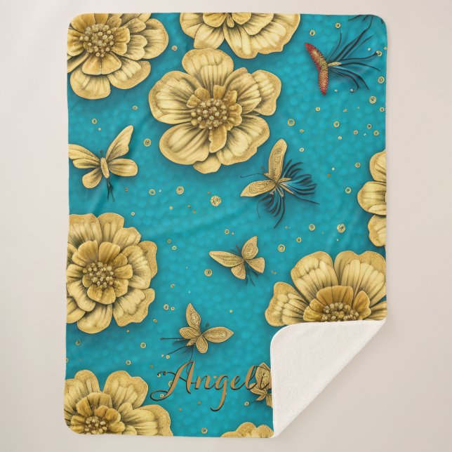 Cobertor Sherpa Flores Douradas Fundo Azul-Teal Nome Personalizado (Frente)