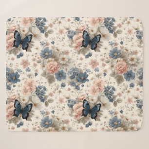 Cobertor Sherpa Flores e Borboleta Rosa e Azul Primavera Vintage