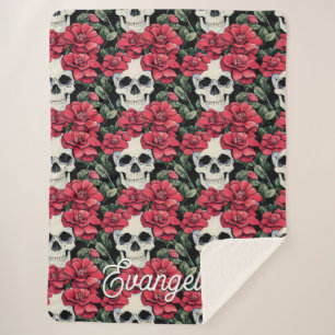 Cobertor Sherpa Flores e crânios vermelhos Aquarela