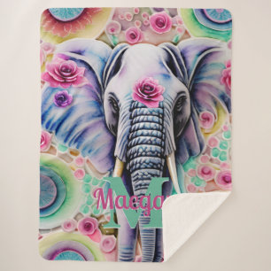 Cobertor Sherpa Flores e Elephant Personalised Name Watercolor