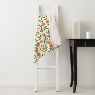 Cobertor Sherpa Flores Laranja, Padrão Floral, Verde, Boho