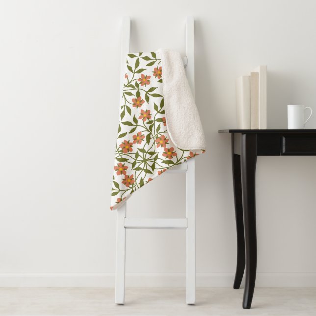 Cobertor Sherpa Flores Laranja, Padrão Floral, Verde, Boho (In Situ)