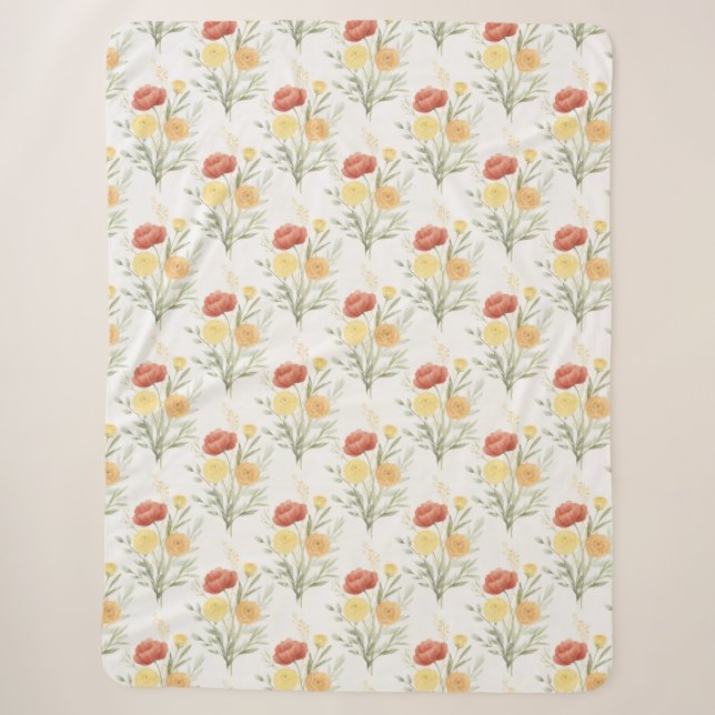 Cobertor Sherpa Flores Laranja Vermelho Amarelo (Frente)