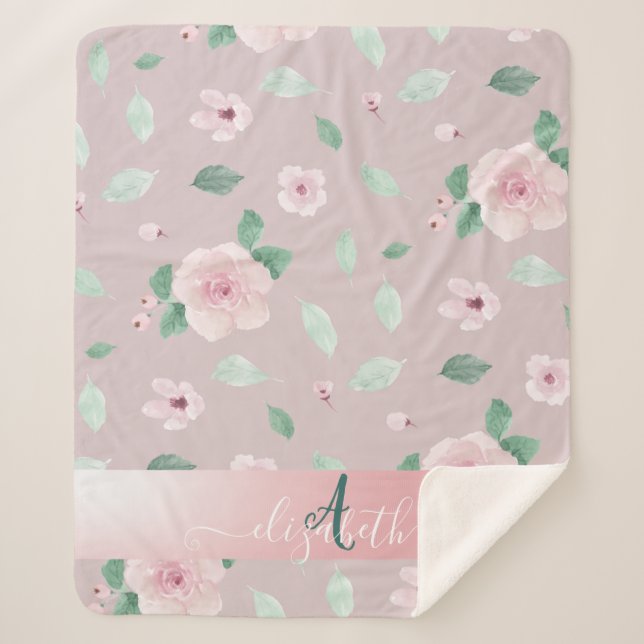 Cobertor Sherpa Flores Monograma em Aquarela Chic (Frente)