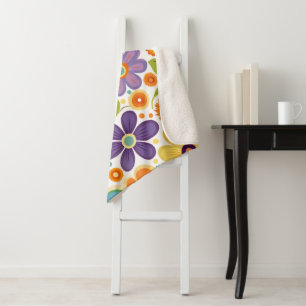 Cobertor Sherpa Flores Retro Laranja Lilac Verde
