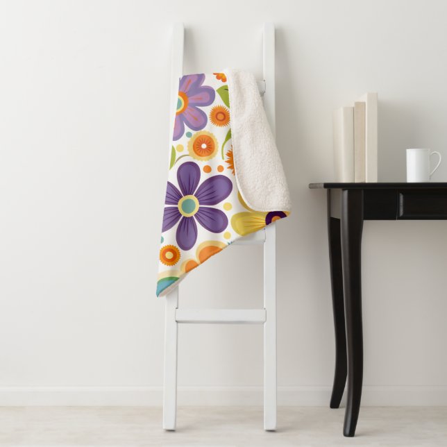 Cobertor Sherpa Flores Retro Laranja Lilac Verde (In Situ)