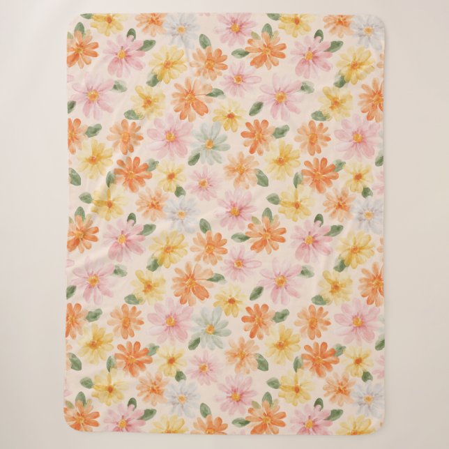 Cobertor Sherpa Flores Rosa Amarelo Azul Pêssego  (Frente)