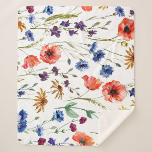 Cobertor Sherpa Flores Selvagens Aquarelas Cachorro Poppy Chamomil