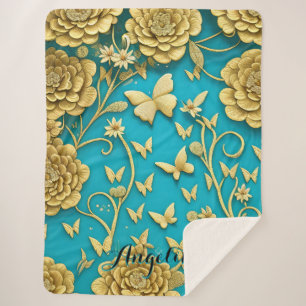 Cobertor Sherpa Flores Teal e Douradas Nome Personalizado