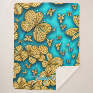 Cobertor Sherpa Flores Teal e Dourado Nome Personalizado
